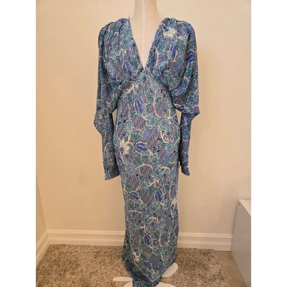 Lulus NWT Blue Floral Maxi Dress Dramatic Sleeve Plunge Neck Formal Dress Large